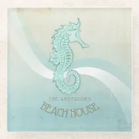 Beach House Seahorse Aqua Blue ID623 Glass Coaster