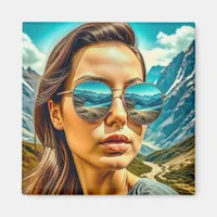 Beautiful Woman in Sunglasses Mountain Reflectoin Magnet