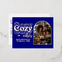 Navy Blue and Gold Cozy Vibes Retro Christmas Foil Holiday Postcard