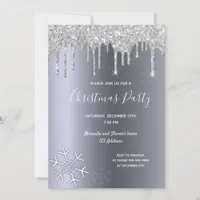 Christmas party silver glitter drips snow flakes invitation