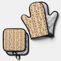 Orange and White Cats Naive Art Style Oven Mitt & Pot Holder Set