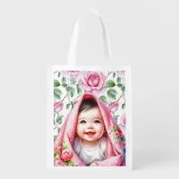 Cute Pink Roses and Smiling Baby Girl Baby  Grocery Bag
