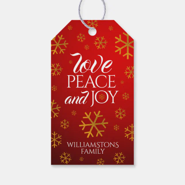 Festive Red Love, Peace, and Joy with Snowflakes Gift Tags