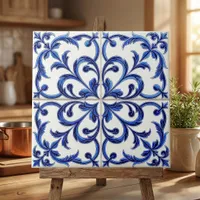 Portuguese Azulejo Blue and White Floral Scroll Ceramic Tile