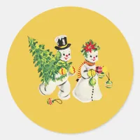 Retro Snowmen Classic Round Sticker