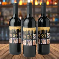 Birthday party custom photo glitter black sparkle wine label