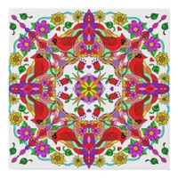 Pretty Colorful Cardinals and Flowers Mandala  Faux Canvas Print