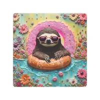 Sloth Chilling in a Floating Donut Funny Collage Metal Print