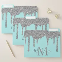 Chic Teal Silver Sparkle Glitter Drips Monogram File Folder