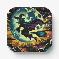 A Witch and a Full Moon Halloween Party Paper Plates