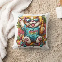 Partying cat on a skateboard with a tropical vibe throw pillow