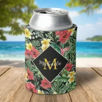 Watercolor Tropical Floral Monogram  Can Cooler