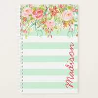 Mint Green Watercolor Floral Stripe Personalized Planner