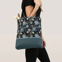Blue and Gold Ornaments Poinsettias Color Block Tote Bag