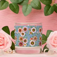 Pink Daisy on Blue Botanical Design Scented Candle