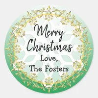 Merry Christmas Gold and Green Personalize Holiday Classic Round Sticker