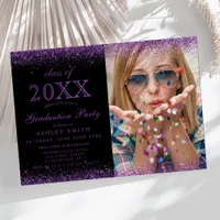 Modern Black Purple Glitter Photo Graduation Invitation