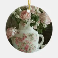 Pretty Pink Roses in Vintage Antique China Teapot Ceramic Ornament