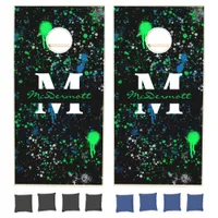 Personalized Blue, Black and Lime Green Splatter   Cornhole Set