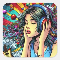 Girl Listening to Music on Headphones Psychedelic Square Sticker