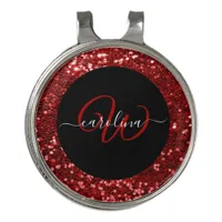 Stylish monogram red glitter name black golf hat clip