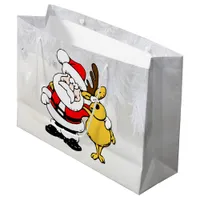 Santa With Deer Cartoon Large Gift Bag