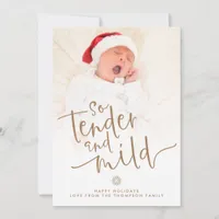 Modern Baby Photo Tender and Mild Script Gold  Holiday Card