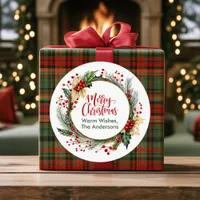 Merry Christmas Wreath Watercolor Custom Gift Classic Round Sticker