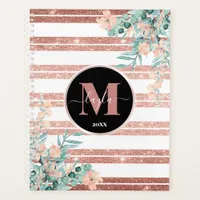 Rose Gold Glitter + White Stripe Floral Monogram Planner