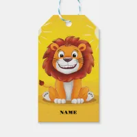 Happy cute lion sitting with a smile on a yellow  gift tags