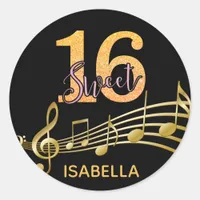 Sweet 16th birthday gold music notes on black classic round sticker