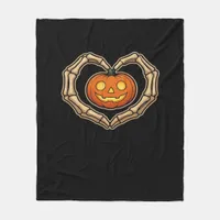 Skeleton Hands Heart With Pumpkin Cute Spooky Hall Fleece Blanket