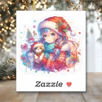 Anime Girl in Santa Hat Watercolor Christmas Sticker