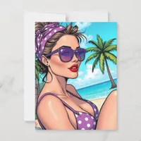 Woman in Purple Polka Dot Bikini on Beach  Postcard