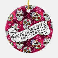 Sugar Skulls and Swirls Rose Red ID725 Ceramic Ornament