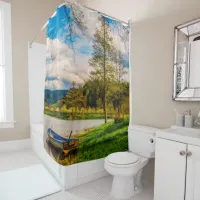 Boat Sitting by a Lake and Mountains Shower Curtai Shower Curtain