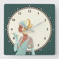 Vintage Glam 1920s Lady Minutes Numbers Turquoise Square Wall Clock