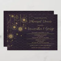 Gold Purple Snowflakes Winter Rehearsal Dinner Invitation