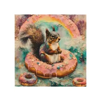 Squirrel on Floating Glazed Donut Funny Sweet Wood Wall Art