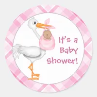 Stork & Baby Girl (darker skin) Baby Shower Classic Round Sticker