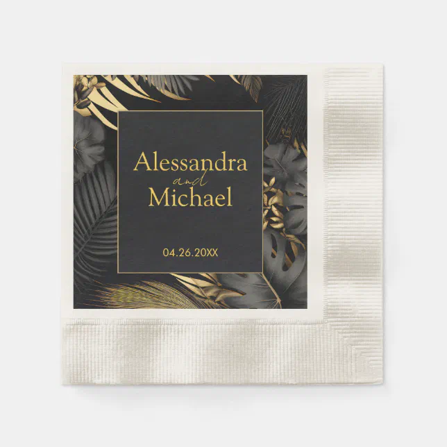 Modern Black Gold Tropical Wedding Save The Dates Napkins