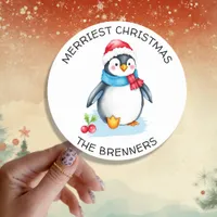 Cute Watercolor Christmas Penguin Personalized Classic Round Sticker