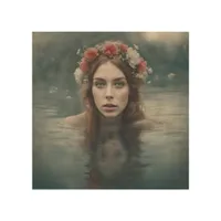 Woman With Flowers on her Head Floating in a Pond Wood Wall Art