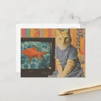 Ginger Cat With Goldfish on TV Retro Collage Postcard