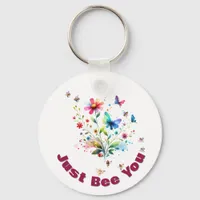 Simple Floral Watercolor Monogram Bee on white   Keychain