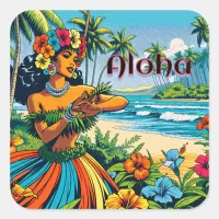 Aloha | Hawaii Hula Dancer on the Beach Square Sticker