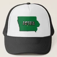 Iowa State Map Green Outline & Photo Text Trucker Hat