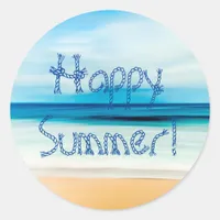 Happy Summer sandy beach nautical sea ocean Classic Round Sticker