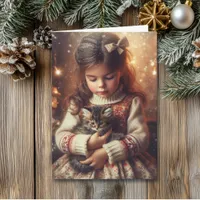 Sweet Little Girl and Kitten Christmas Card