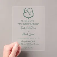 Monogrammed Crest Forest Green Wedding Acrylic Invitations